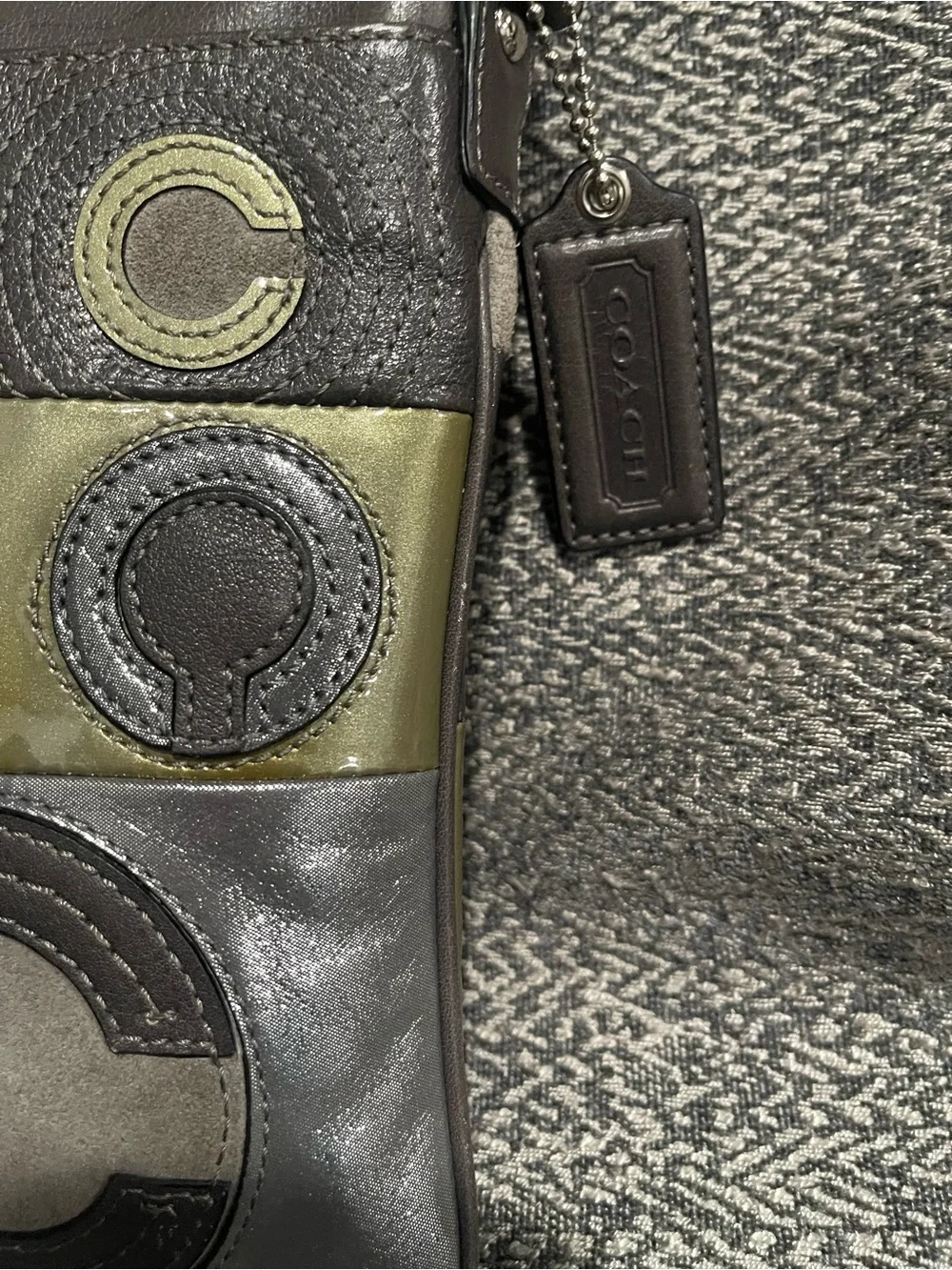 Coach Rare Mia Inlaid Leather & Sued Patchwork Messenger Bag in Olive and Gray